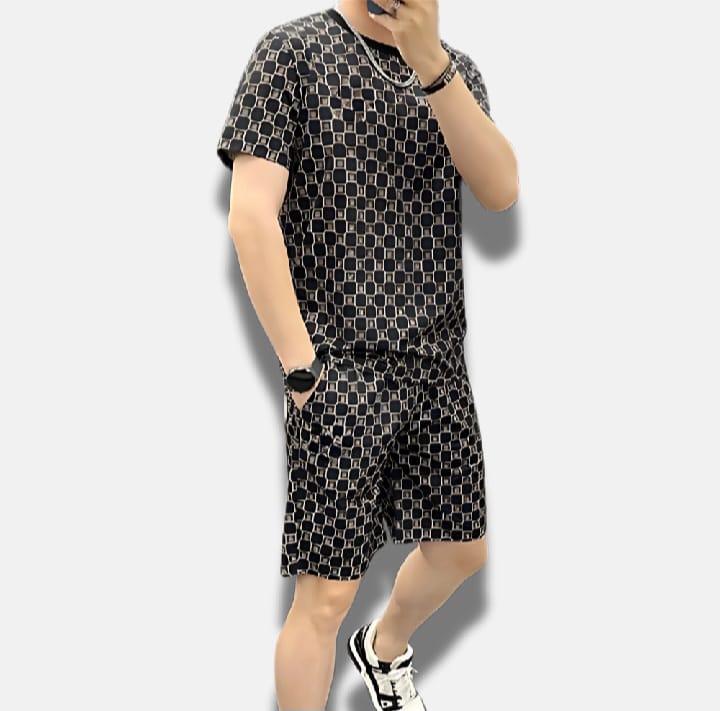 MK Garments heacked pattern Printed For Summer Casual Outfits Short Sleeve Sports Wear T-Shirt and drawstring Shorts Set Lightweight Polyester Fabric Machine Washable, Casual Wear for Mens