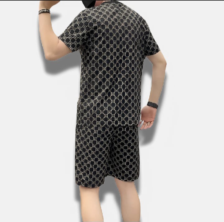 MK Garments heacked pattern Printed For Summer Casual Outfits Short Sleeve Sports Wear T-Shirt and drawstring Shorts Set Lightweight Polyester Fabric Machine Washable, Casual Wear for Mens