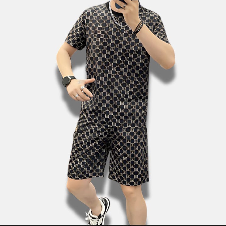 MK Garments heacked pattern Printed For Summer Casual Outfits Short Sleeve Sports Wear T-Shirt and drawstring Shorts Set Lightweight Polyester Fabric Machine Washable, Casual Wear for Mens