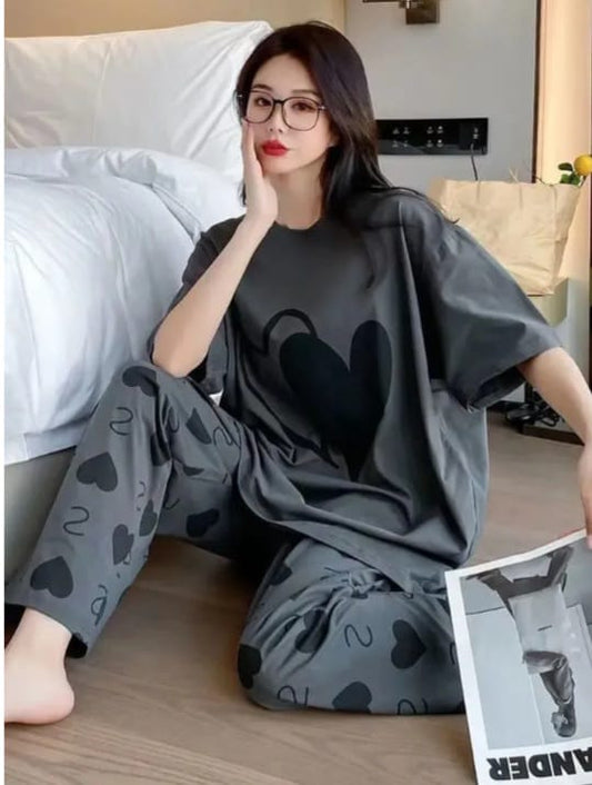 Peach Women Heart printed Nightwear Set with Butterfly Printed Trousers - Women's Lounge Wear
