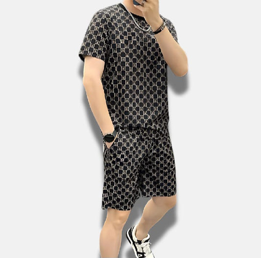 MK Garments heacked pattern Printed For Summer Casual Outfits Short Sleeve Sports Wear T-Shirt and drawstring Shorts Set Lightweight Polyester Fabric Machine Washable, Casual Wear for Mens