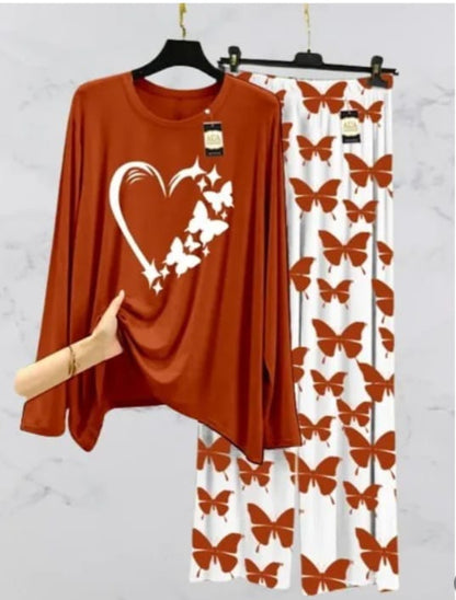 Peach Women Heart printed Nightwear Set with Butterfly Printed Trousers - Women's Lounge Wear