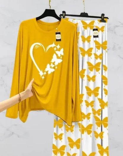 Peach Women Heart printed Nightwear Set with Butterfly Printed Trousers - Women's Lounge Wear