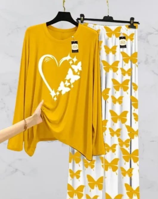 Peach Women Heart printed Nightwear Set with Butterfly Printed Trousers - Women's Lounge Wear