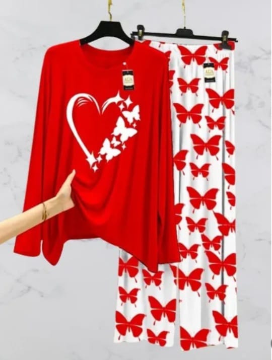 Peach Women Heart printed Nightwear Set with Butterfly Printed Trousers - Women's Lounge Wear