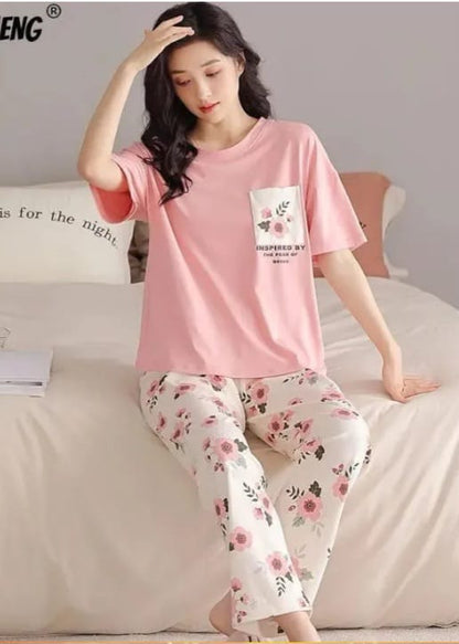 Peach Women Heart printed Nightwear Set with Butterfly Printed Trousers - Women's Lounge Wear