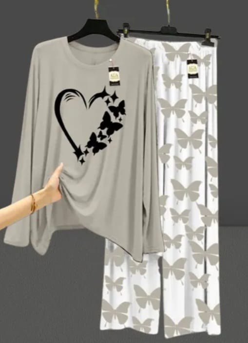 Peach Women Heart printed Nightwear Set with Butterfly Printed Trousers - Women's Lounge Wear