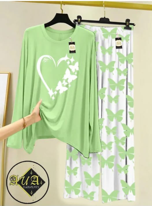 Peach Women Heart printed Nightwear Set with Butterfly Printed Trousers - Women's Lounge Wear
