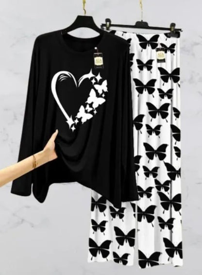 Peach Women Heart printed Nightwear Set with Butterfly Printed Trousers - Women's Lounge Wear