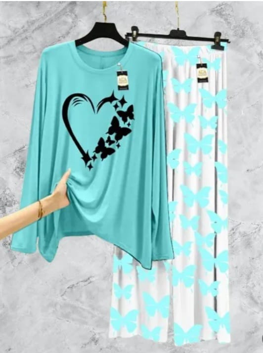 Peach Women Heart printed Nightwear Set with Butterfly Printed Trousers - Women's Lounge Wear