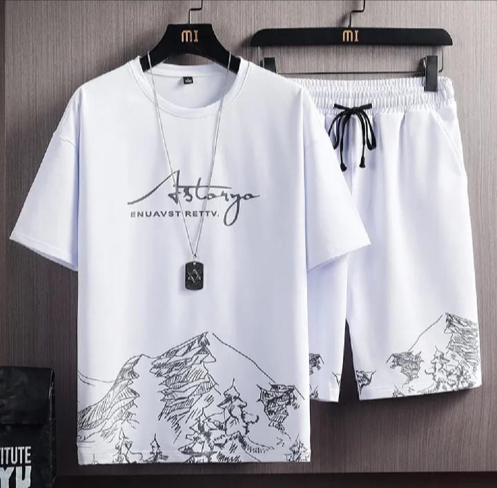 White mountains digital Printed Summer T-Shirt and short Tracksuit for mens